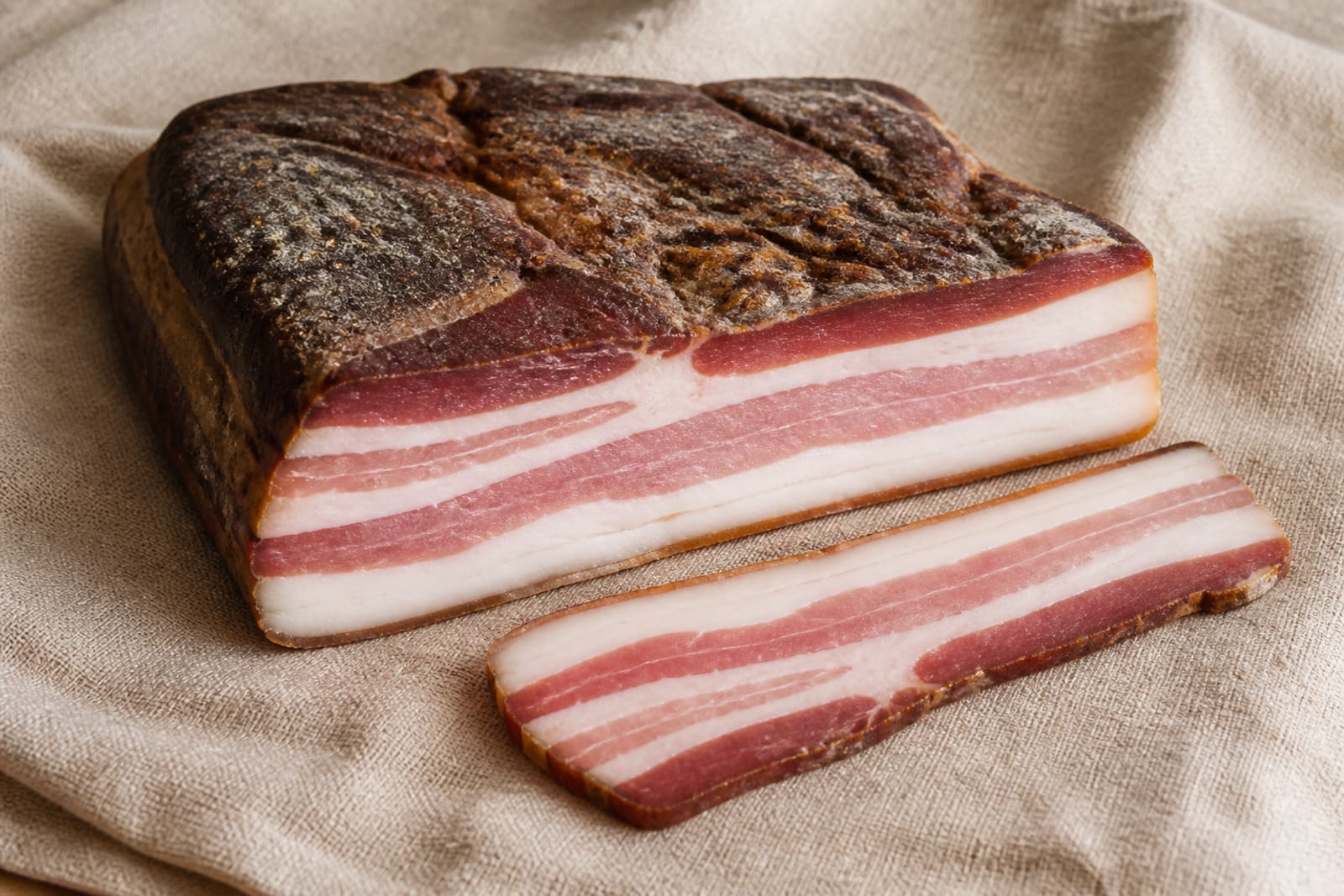 Bauchspeck luftgetrocknet — Luftgetrockneter Bauchspeck, ca. 400 g — Selchware auf Vorbestellung, wir schneiden am nächsten Selchtermin frisch an.