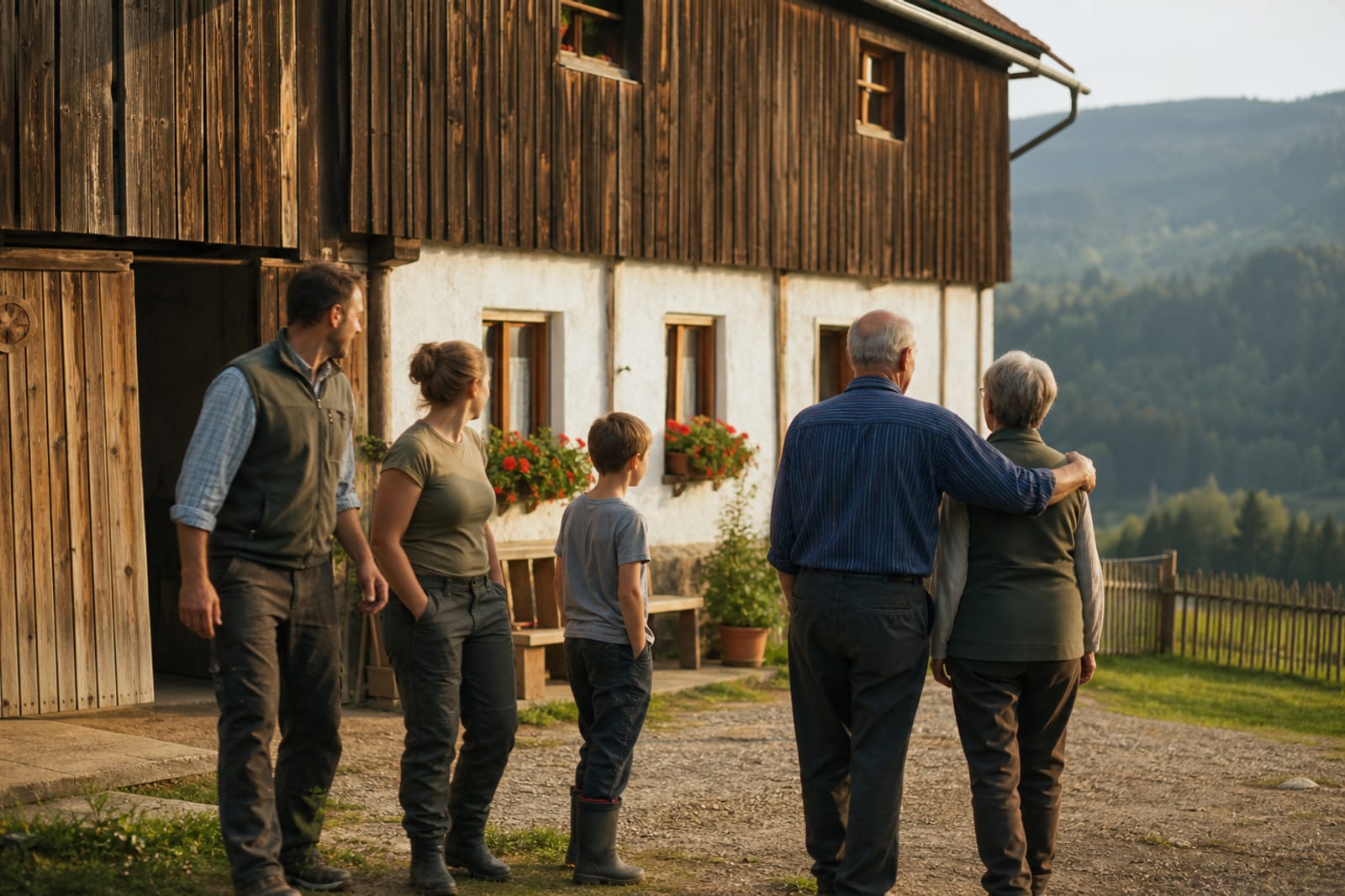 Drei Generationen der Familie Lärchmoser vor der Hofeinfahrt, im Arbeitsgewand