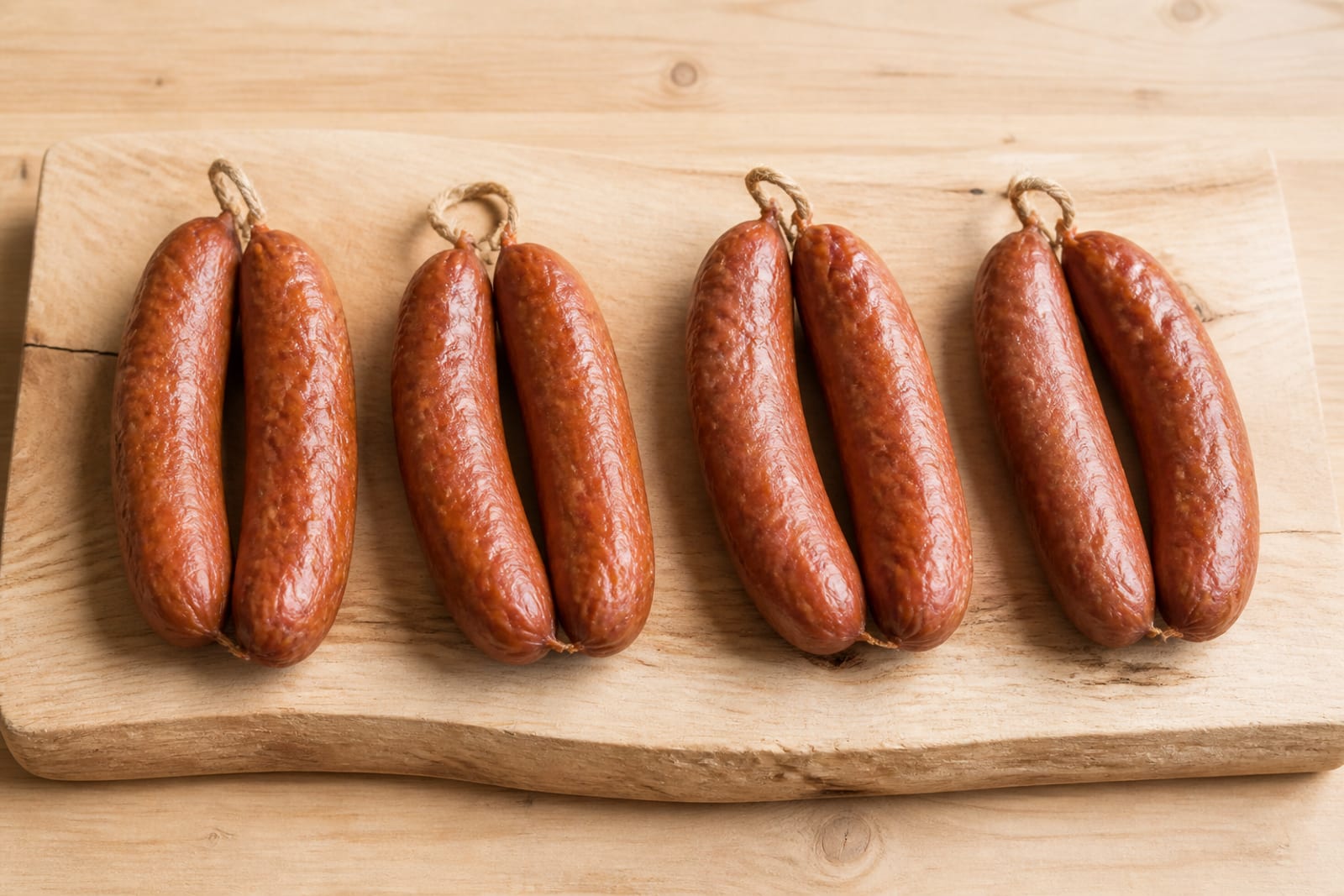 Hauswürstel geselcht — Vier Paar geselchte Hauswürstel aus grob gewolftem Schweinefleisch — auf Vorbestellung, Versand am nächsten Selchtermin.