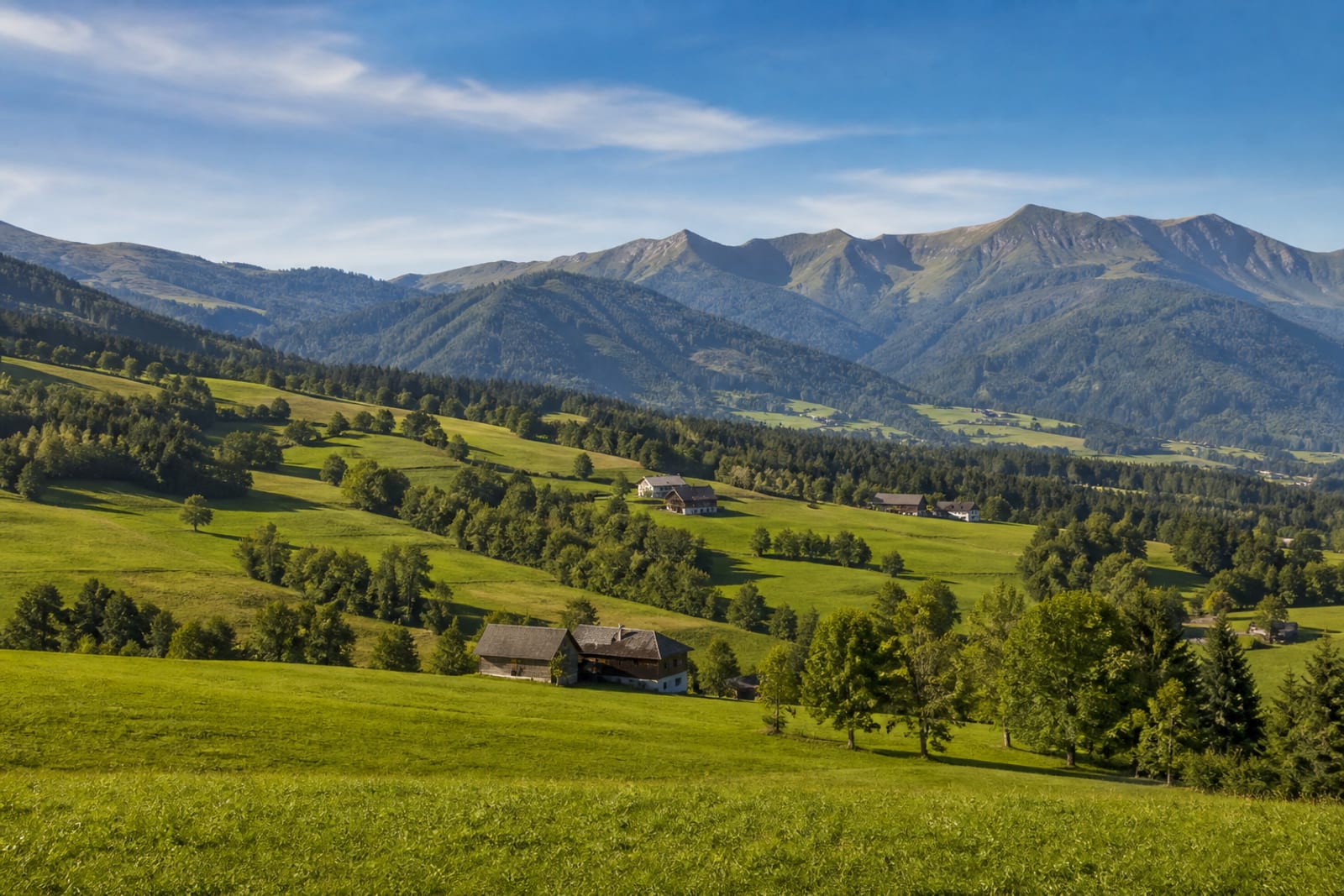 Blick über die Wiesen und Waldkuppen des Gurktals an einem Sommernachmittag