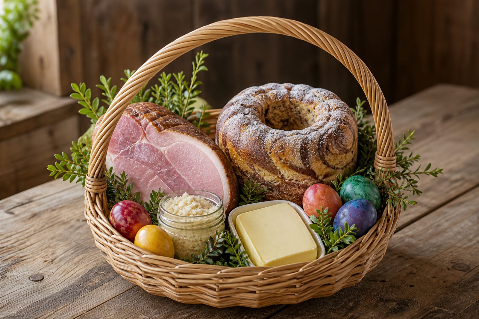 Osterjausen-Korb — Saisonartikel: nur in den Osterwochen bestellbar, derzeit nicht verfügbar — Inhalt siehe Beschreibung.