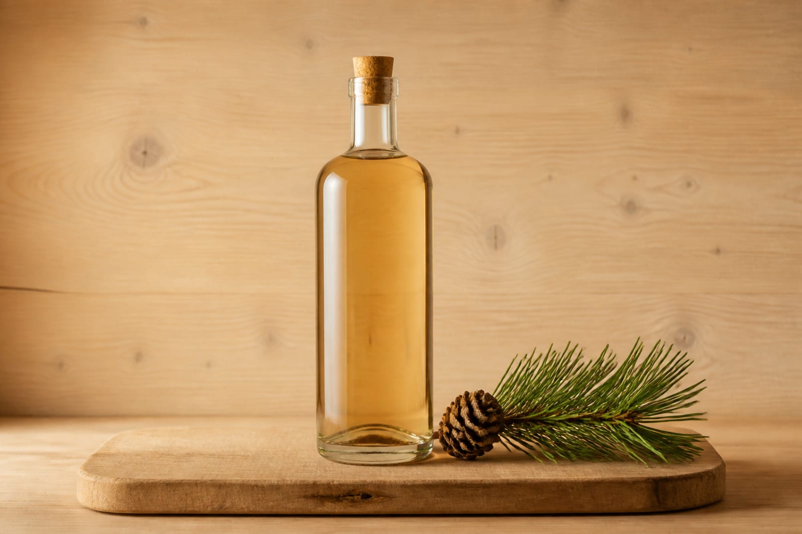 Flasche Zirbenbrand mit Stamperl vor heller Holzwand