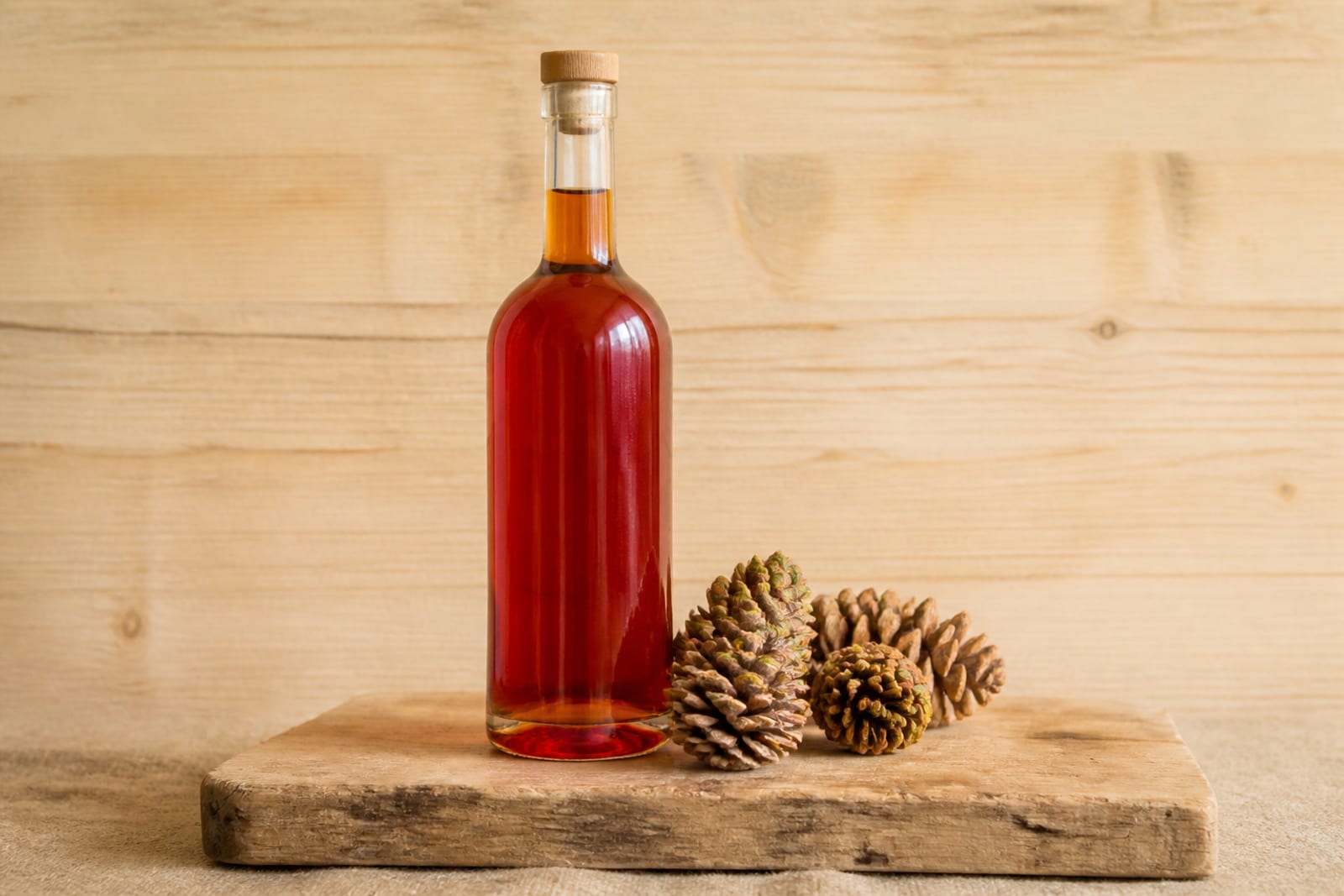 Zirbenlikör — Acht Wochen angesetzter Zirbenlikör, 0,5 l, mild und dunkelrot.