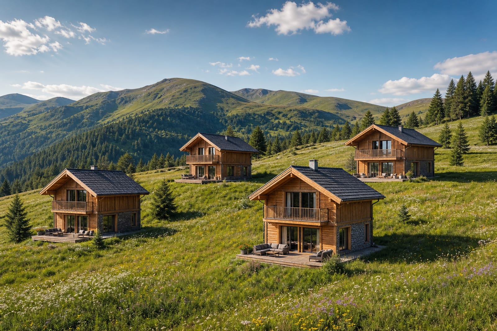 Blick über das sommerliche Tal mit den vier Ferienhäusern am Waldrand