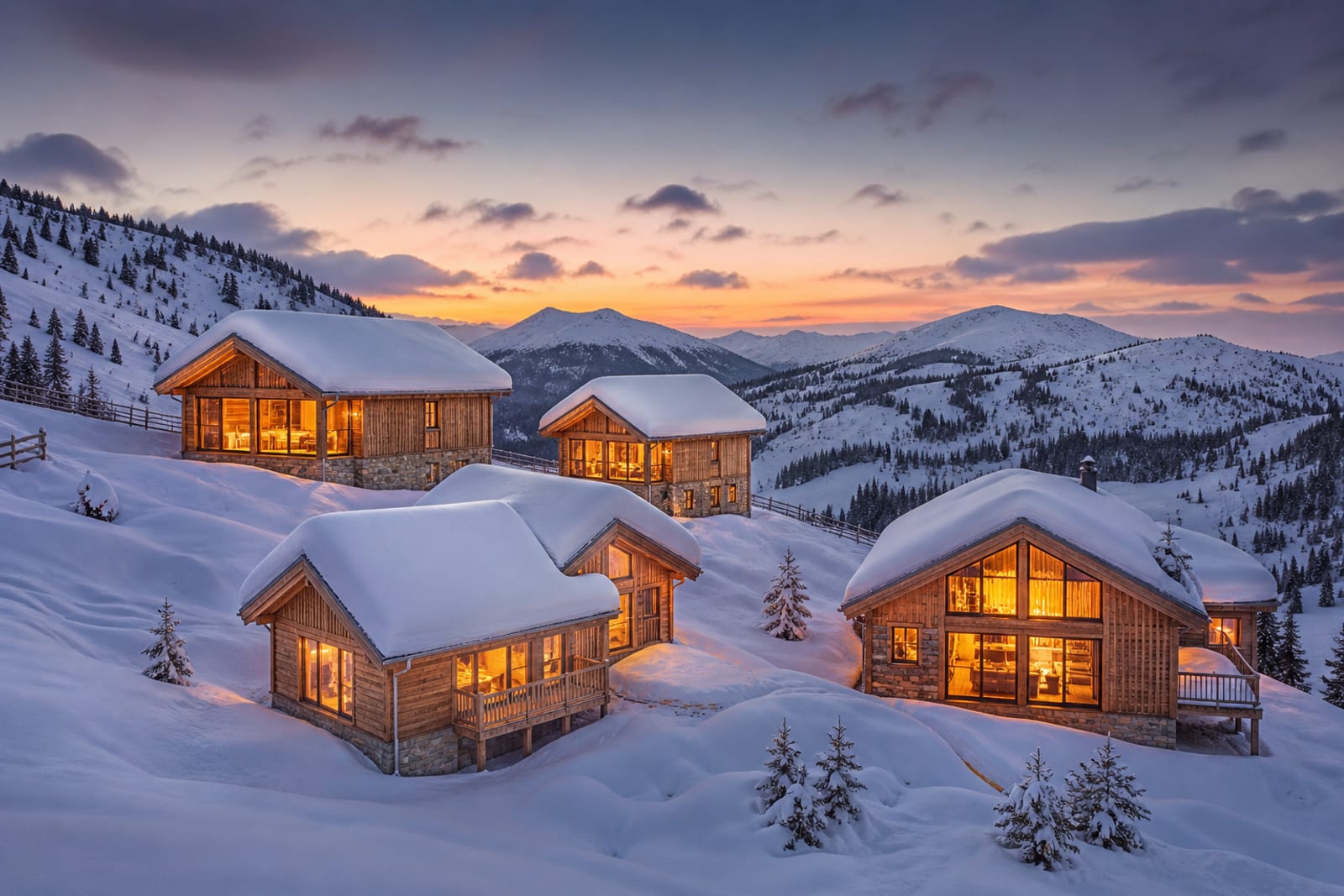 Dasselbe Tal im Winter, die Ferienhäuser unter einer Schneedecke