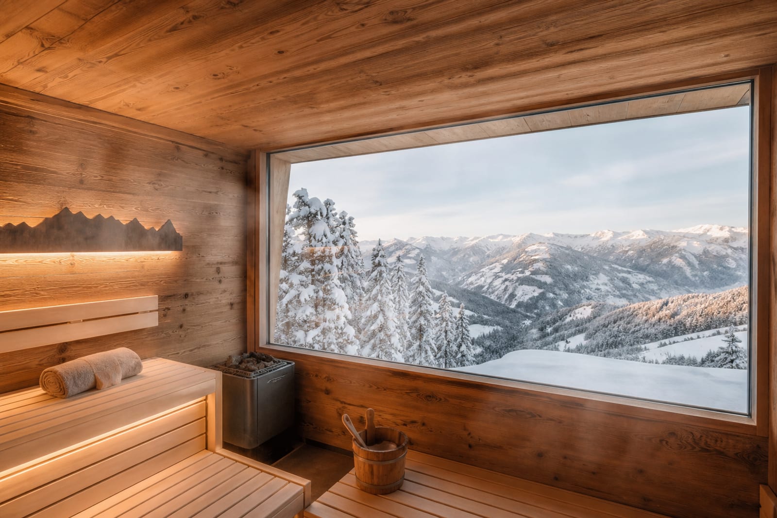 Sauna aus hellem Holz mit Fenster ins Grüne