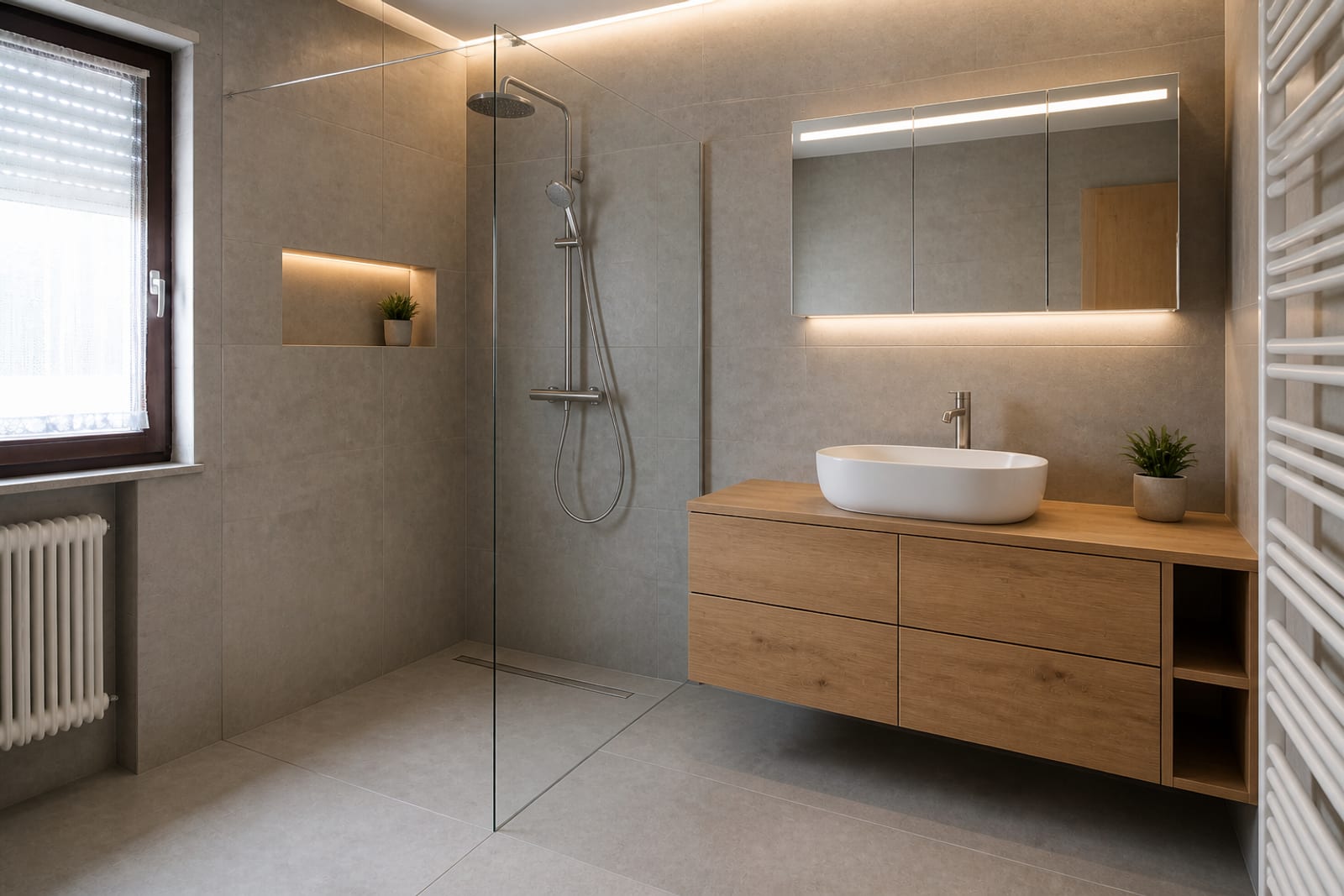 Saniertes Bad mit bodengleicher Dusche, Glaswand und Waschtisch aus Eiche