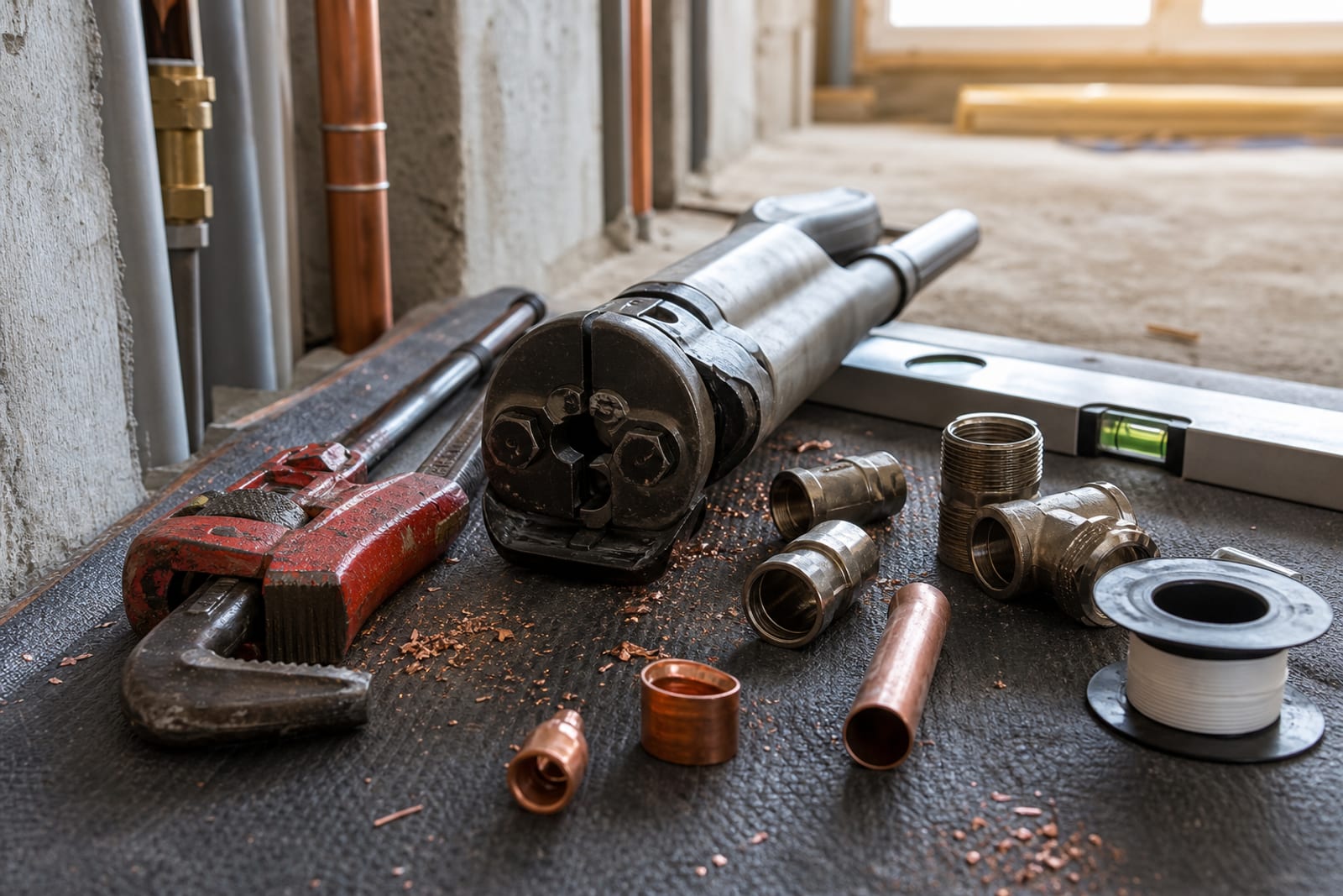 Installateurwerkzeug auf einer Arbeitsmatte: Rohrzange, Presswerkzeug, Fittings