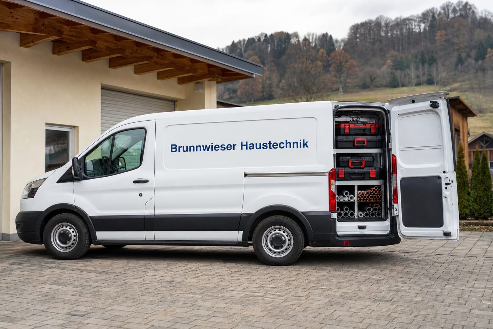Weißer Kastenwagen als Servicefahrzeug mit offenen Hecktüren und sortiertem Werkzeug