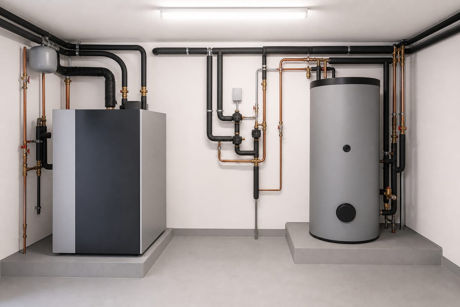 Derselbe Heizraum nach der Sanierung mit Wärmepumpen-Innenteil, Pufferspeicher und sauberer Verrohrung