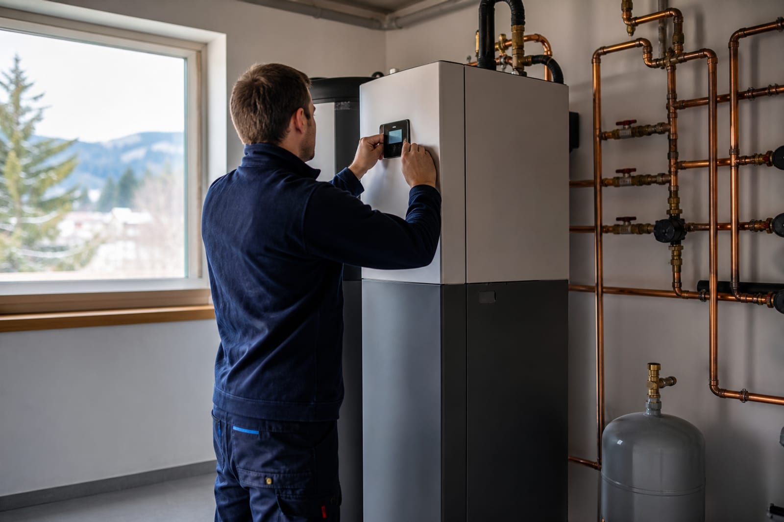 Monteur justiert eine frisch installierte Luft-Wasser-Wärmepumpe im Heizraum eines Einfamilienhauses
