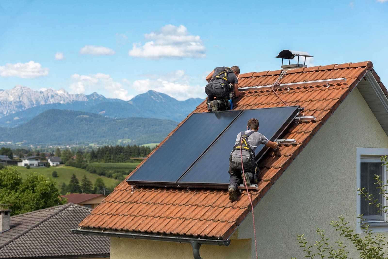 Zwei Monteure montieren Solarthermie-Kollektoren auf einem Ziegeldach vor Bergpanorama