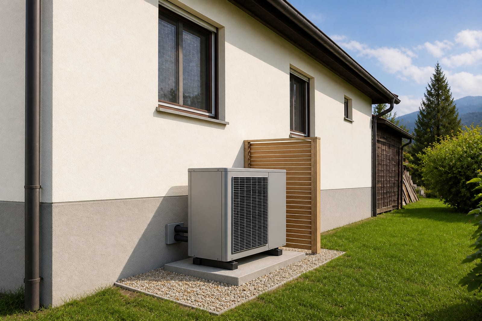 Luft-Wärmepumpen-Außeneinheit auf einem Betonsockel an einer sanierten Hausrückseite