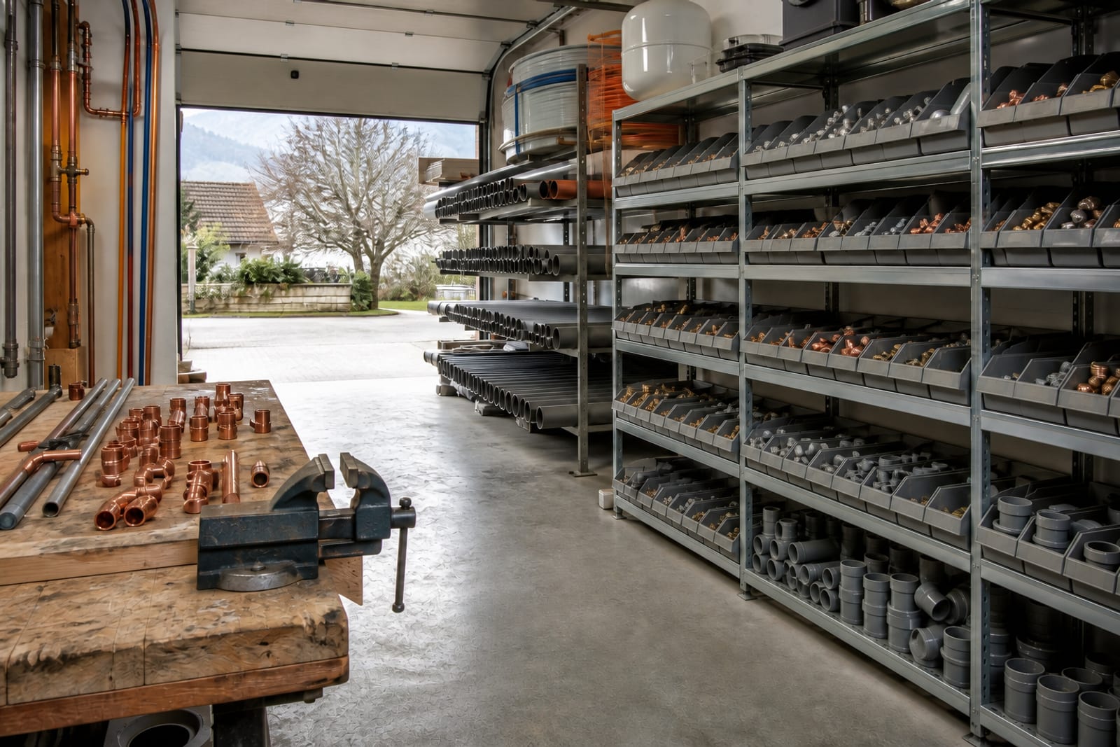 Betriebshalle mit Materialregalen, Werkbank und aufgereihten Rohrabschnitten